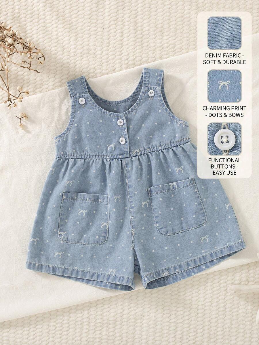 SHEIN Bộ áo liền quần denim chấm bi xanh nhạt cho bé gái, trang phục ngọt ngào và dễ thương cho những buổi đi chơi hàng ngày, mùa hè, mặc thường ngày, đi chơi cùng bố mẹ, đi nhà trẻ.