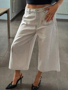 DAZY Quần jeans nữ ống rộng, dài đến 7/8, thiết kế cài nút ở eo, kiểu dáng thường ngày. - Màu Khaki - Xem 4