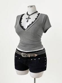 Sunspun Nueva Dulce Vacación, Blusas Elegantes para Salir, Lazo, Blusa de Tela de Punto con Ribete de Encaje Cuello en V Manga Corta, Blusa de Encaje Casual Versátil para Mujeres - Gris - Ver 6