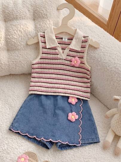 Playful Pals 2pcs/Set Young Girls' Spring/Summer New Textured Knit Soft Fabric Apricot, Pink, Magenta Striped Collar Patchwork 3D Floral Decor Vest Top + Washed Blue Denim Skort With Ruffled Embroidered Vintage Casual Sweet Cute Outfit, Suitable For Daily Outings, School, Travel, Photography, Park, Indoor/Outdoor Versatile Wear