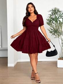 Vionelle Plus Size Elegant V-Neck Puff Sleeve Ruched Chiffon Dress - Burgundy - View 4