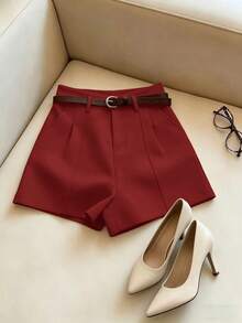 Pantalones cortos minimalistas de moda francesa, tejidos de unicolor, casuales para ir al trabajo, retro, de cintura alta, con silueta A y pierna ancha, para mujeres - Rojo - Ver 2