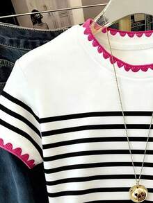 Elladie kids Girls' Round Neck Short T-Shirt, Black & White Striped With Red Floral Lace Heart Design, Suitable For Outdoor, Spring, Summer, Autumn - Multicolor - View 3