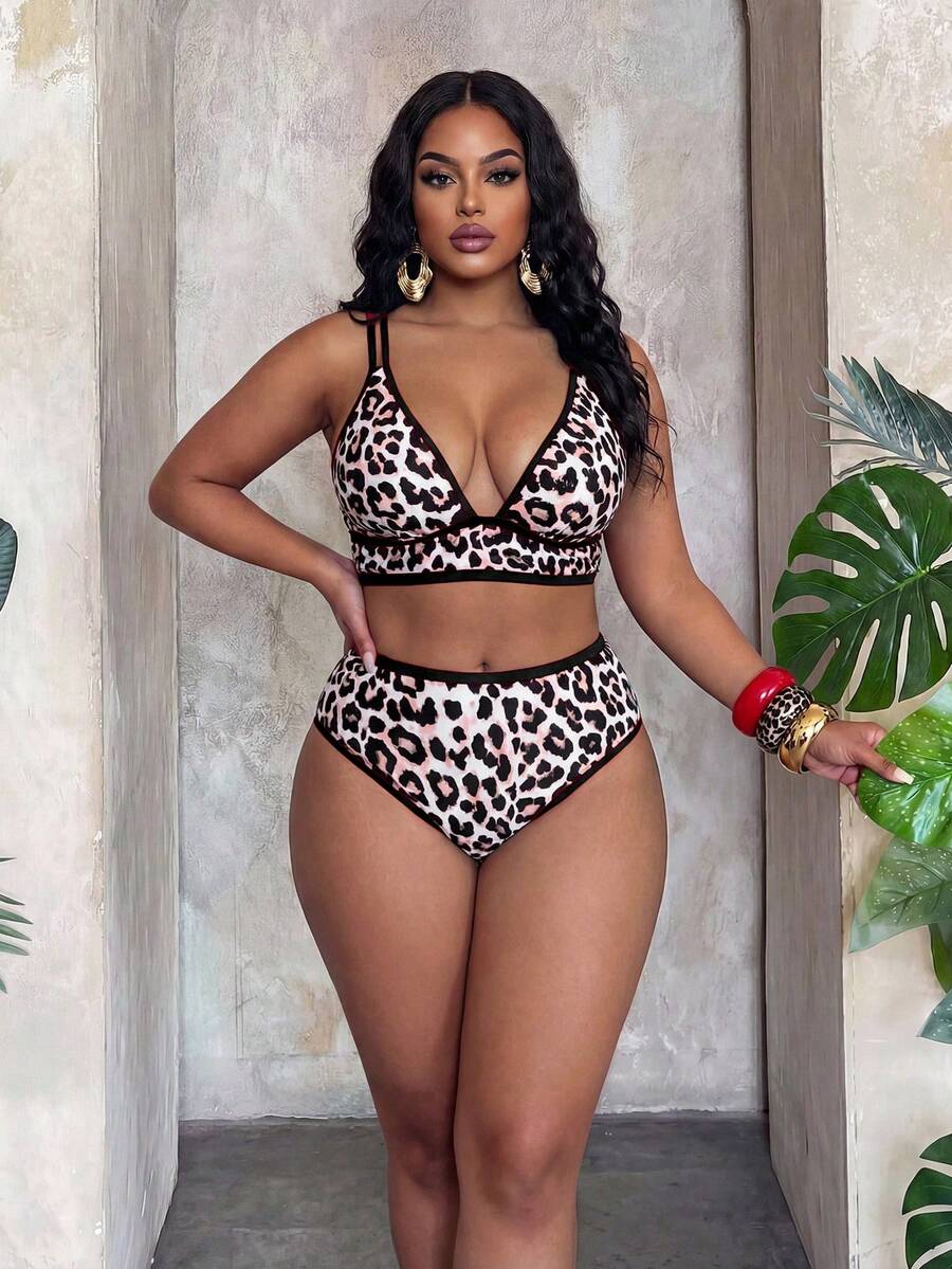 Slaydiva Plus Size 2026 New Leopard Print Sexy Bikini Set, Spring/Summer Beach Beige - Multicolor - View 1
