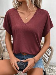 SHEIN Frenchy Áo thun nữ đơn giản, màu trơn, cổ chữ V, tay cánh dơi, thích hợp cho mùa hè. - Đỏ - Xem 5