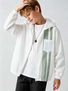 SHEIN Tween Boy Textured Striped Contrast Pocket Zip Front Long Sleeve Jacket - White - View 3