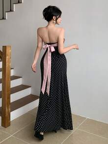 Joudiya 春夏波點滿版印花粉色3D蝴蝶結裝飾抹胸洋裝，情人節婚禮宴會舞會晚禮服，時尚優雅通勤長裙大擺女裝 - 黑色 - 查看 6