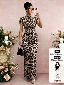 SHEIN PETITE Đầm ngắn tay họa tiết da báo dành cho nữ mùa hè, đầm đi nghỉ mát, đầm dự tiệc. - Nhiều màu - Xem 1