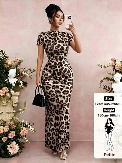 SHEIN PETITE Đầm ngắn tay họa tiết da báo dành cho nữ mùa hè, đầm đi nghỉ mát, đầm dự tiệc.