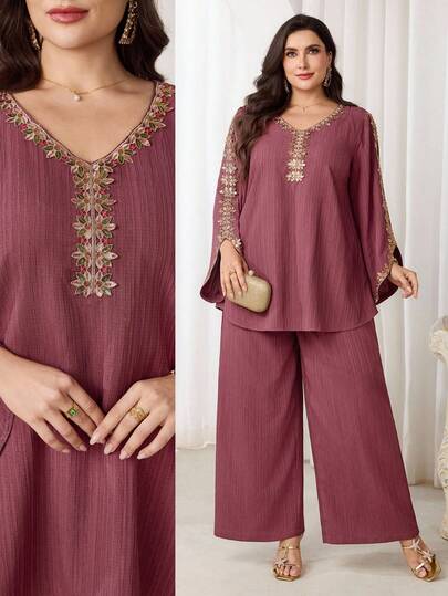 Al Najma Plus Size Women V-Neck Ruffle Splice Flare Sleeve Top And Wide Leg Pants Casual Daily 2 Piece Set