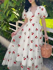 Celisse Women's V-Neck Embroidered Mesh Waist Dress, Elegant Resort Wear For Spring/Summer - Multicolor - View 7