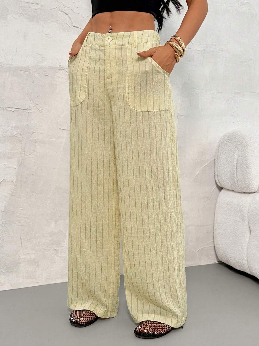 SHEIN PETITE Women's Striped Pocket Casual Versatile Wide Leg Pants For Daily Wear