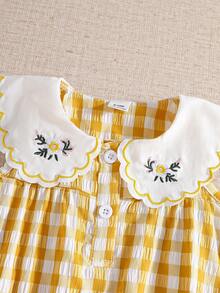 Souflis Souflis French Style New Embroidered Peter Pan Collar Plaid Casual Dress For Baby Girls - Yellow - View 7