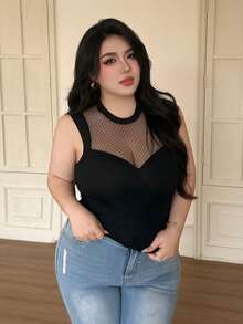 Vibekara Plus Size Mesh Patchwork Sexy Sheer T-Shirt, Spring/Summer - Black - View 5