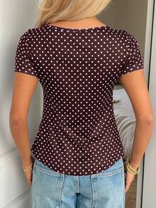 CovetEZ Áo dệt kim chấm bi màu cà phê đậm dáng casual mùa hè cho nữ, xẻ tà trước - Áo tay ngắn ngọt ngào, phong cách Y2K, áo kiểu mùa hè. - Nhiều màu - Xem 6