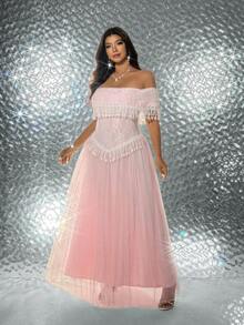 Viva Relle Große Größen Damen Frühling/Sommer Neuer Luxus Socialite Stil Nude Pink & Weiß Patchwork Kleid, Off-Shoulder Spitze Quaste Taille Raffung Mesh Kleid. Geeignet für hochwertige Galas, Brautjungfern, Valentinstag Atmosphäre, Roter Teppich, Luxus Socialite Mode - Verschiedenfarbig - Übersicht 6