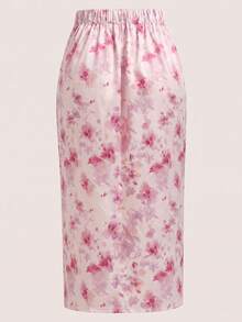 Rometta Plus Size Floral Print Drawstring Slit Skirt Maxi Vacation Beach Outfits Women - Pink - View 2