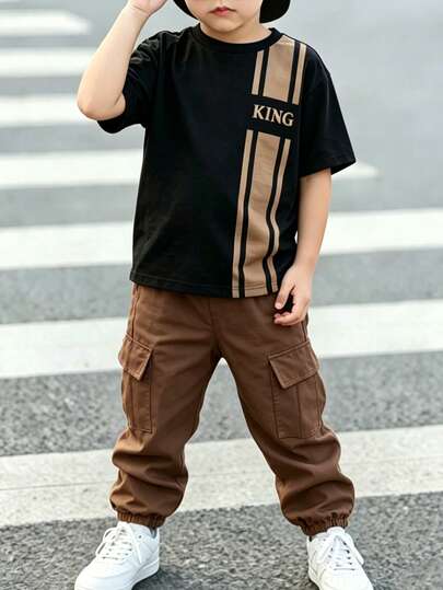 Young Boy King Graphic Tee And Cargo Pants Set, Fashionable Casual Outfit For Spring/Summer Occasions Like Parties, Festivals, Outdoor Activities