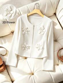GlowEve CURVE 大码女式纯色无领休闲西装外套，3D立体花卉装饰 - 白色 - 查看 1