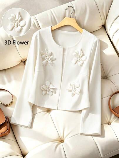 GlowEve CURVE Plus Size Women's Solid Color Collarless Casual Blazer Jacket, 3D Floral Decor