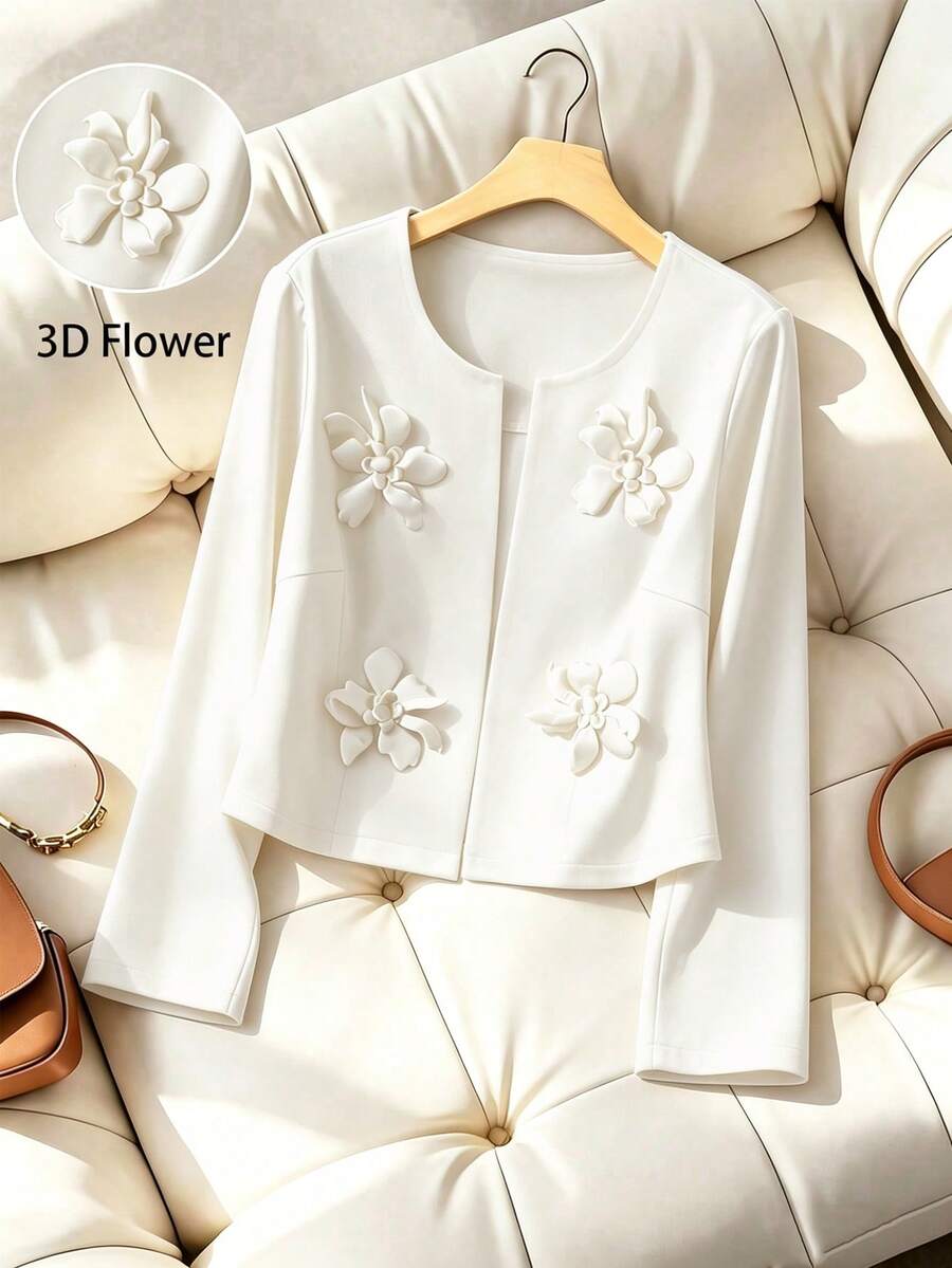 GlowEve CURVE 大码女式纯色无领休闲西装外套,3D立体花卉装饰 - 白色 - 查看 1