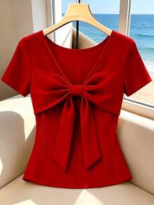 SHEIN LUNE 时尚优雅V领修身蝴蝶结休闲简约女式户外衬衫 - 紅色 - 查看 1