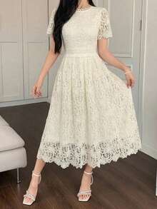 DAZY 優雅蕾絲飾邊短袖洋裝，青春優雅女款夏日陽光洋裝，適合婚禮賓客穿著 - 米色 - 查看 2