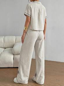 Nakışlı Kısa Kol Keten TakımCasual Casual Front Button Pockets - Beige - View 3