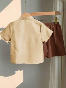 SHEIN LMoss Kids 2pcs Kids Boys Casual V-Neck Short Sleeve Shirt And Shorts Set - Multicolor - View 4