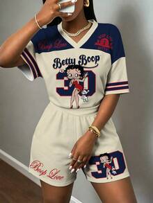 Slaydiva Betty Boop x SHEIN 大尺碼女款卡通條紋印花短袖T恤與休閒短褲兩件套 - 彩色 - View 5