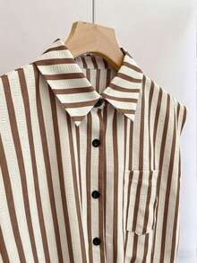 Resyla Striped Collar Cinched Waist Shirt - Coffee Brown - View 4
