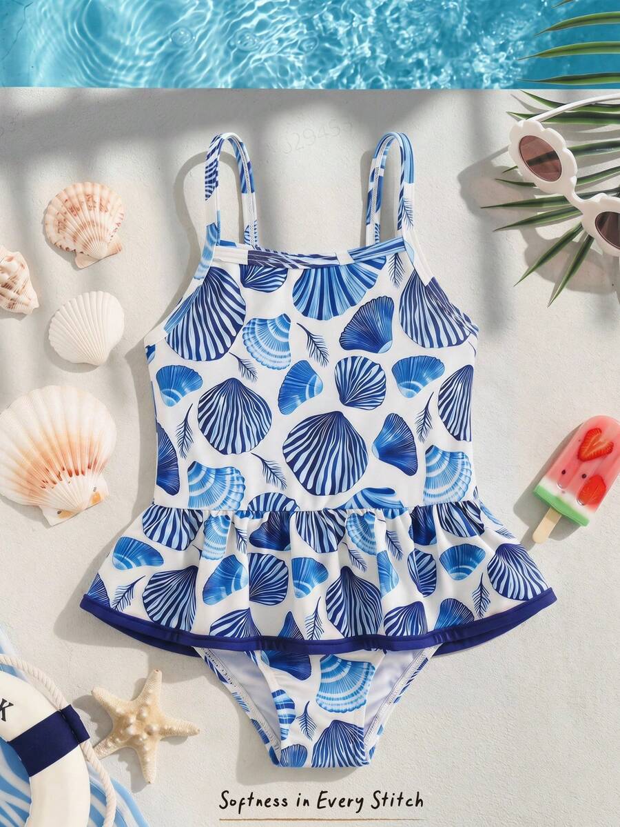 Cozy Pixies Baju Renang Terusan Bayi Perempuan untuk Liburan, Motif Kerang Biru & Putih, Tali Bahu Tipis, Hem Berkerut, Baju Renang Lucu dengan Trim Kontras untuk Kolam Renang, Liburan - Blue and White - View 1