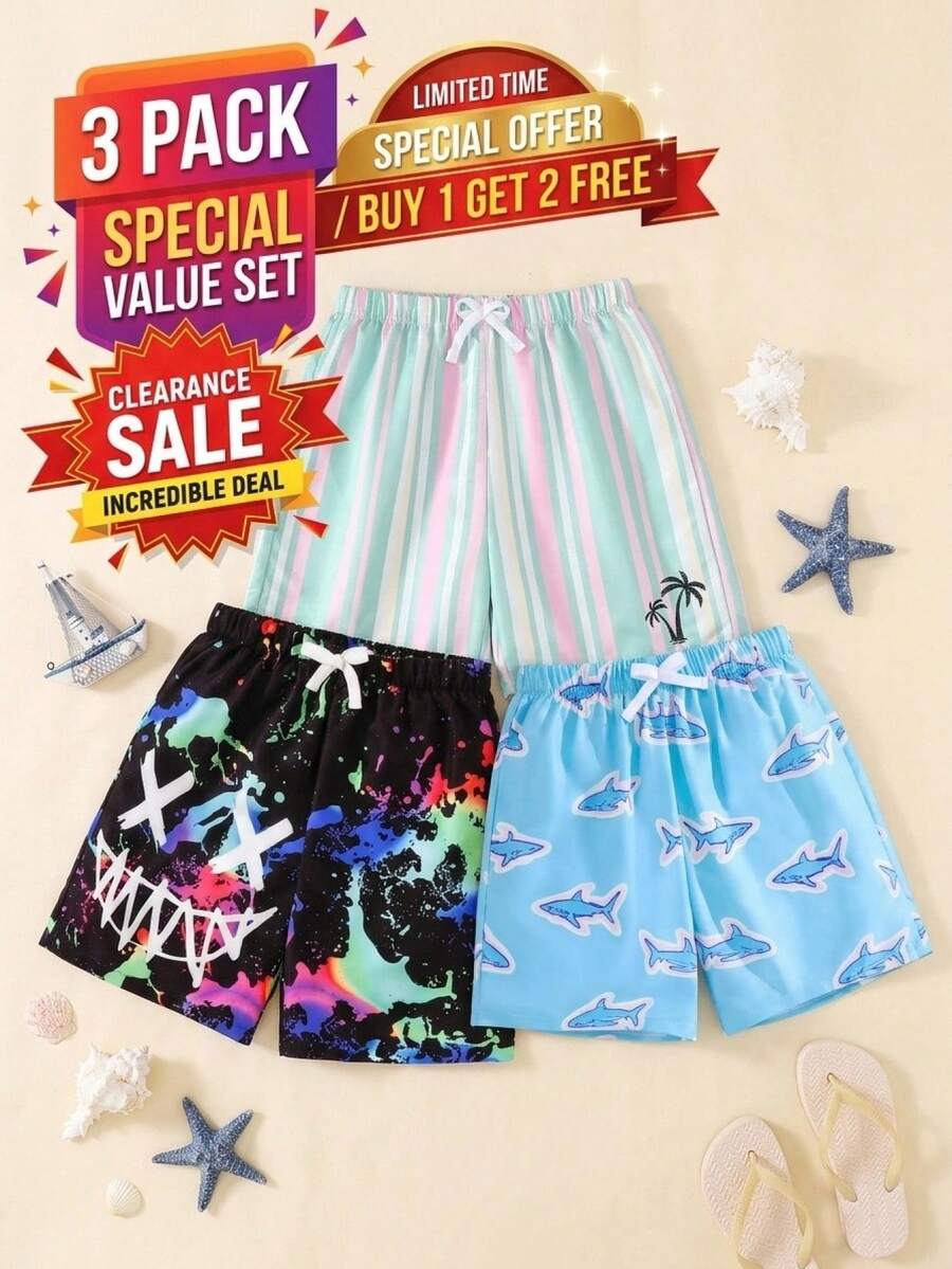 SHEIN 儿童/青少年男童休闲条纹椰树印花拼接宽松内衬泳裤沙滩裤 - 黑色 - 查看 1
