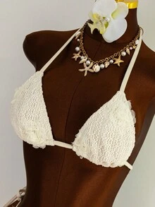 Bộ bikini 3 mảnh Bonvoyette Y3K Coquette thanh lịch dành cho nữ - Áo tam giác buộc dây cổ màu trắng kem ren móc với họa tiết hoa 3D, quần cạp cao xếp ly buộc dây bên hông, kiểu dáng tôn dáng, mang đến vẻ lãng mạn, quyến rũ cho kỳ nghỉ cô dâu trên bãi biển - Trang phục bơi và nghỉ dưỡng hoàn hảo cho kỳ nghỉ hè, tiệc bể bơi, kỳ nghỉ biển, tuần trăng mật, kỳ nghỉ xuân, đám cưới trên bãi biển và các kỳ nghỉ ven biển. - trắng - Xem 10