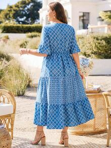 Rosumi Plus Size V-Neck Argyle Print Ruffle Hem Short Sleeve Dress - Baby Blue - View 2