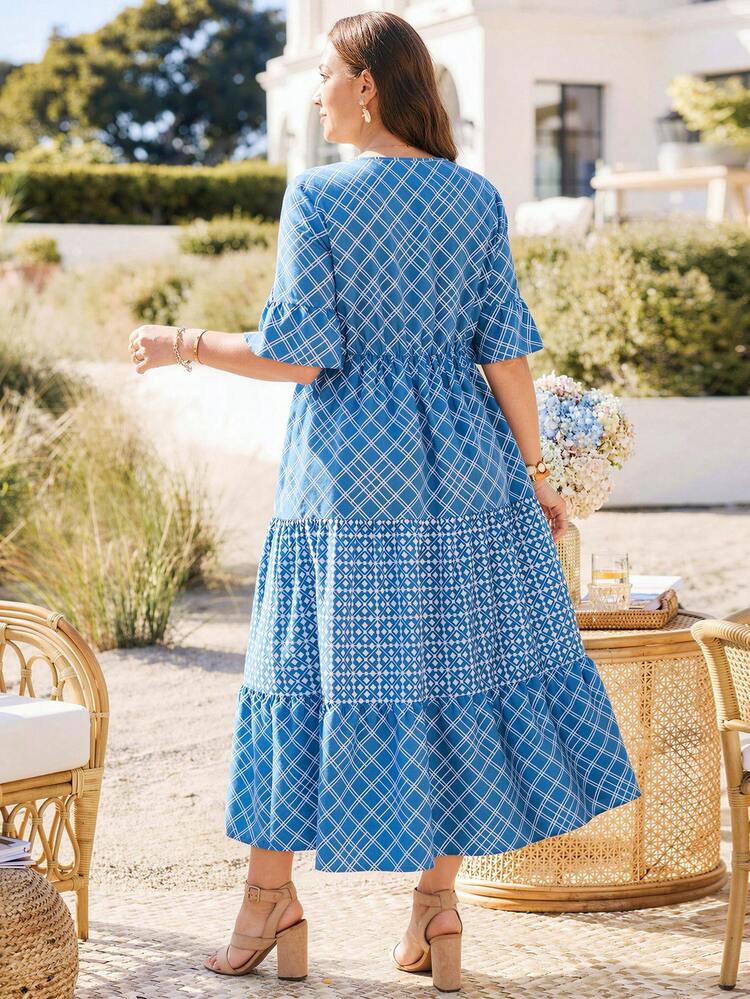 Plus Size V-Neck Argyle Print Ruffle Hem Short Sleeve Dress
