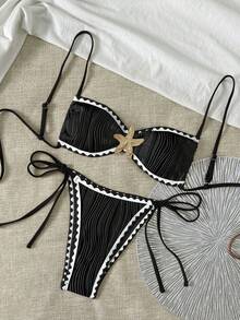 Swim Vcay 女款夏季新款純色比基尼套裝，海洋金屬色飾邊，紋理布料，易穿脫，性感編織邊設計 - 黑色 - 查看 1