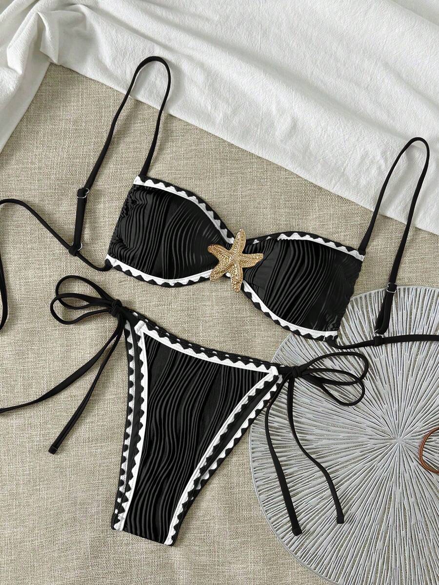 Swim Vcay 女款夏季新款純色比基尼套裝,海洋金屬色飾邊,紋理布料,易穿脫,性感編織邊設計 - 黑色 - 查看 1