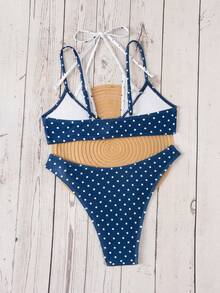 Bonvoyette Women's Summer Navy Blue Polka Dot Bikini Set,1940s Vintage Contrast Color Print Swimwear For Beach Party,Holiday,Birthday Parties,Y2K Style - Multicolor - View 2