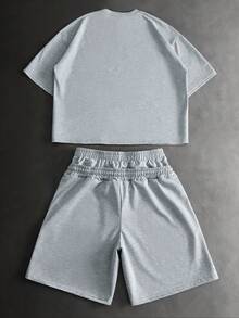PAVTROS Bộ quần short nam phong cách đường phố White Line LA Print phối màu, trang phục thường ngày thoải mái, quà tặng cho bạn trai/chồng, quà kỷ niệm. - Màu Xám nhạt - Xem 3