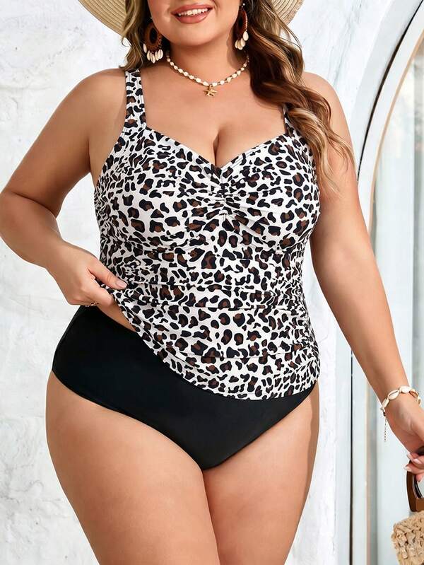 SHEIN CURVE+ Bộ đồ bơi tankini 2 mảnh in họa tiết dành cho nữ cỡ lớn, bikini hở lưng, thích hợp cho kỳ nghỉ hè.