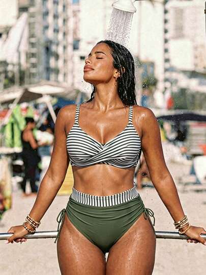 Swim Lushoire 2026 Nya Plus Size Dam 2-delade Grönvit Randig Crossover Topp Med Dragsko Hög Midja Tredelade Byxor Baddräktsset, Strandsemester, Sommarsemester Outfit, Festklänning, Elegant Damstrandbadkläder, Damkläder för Fest
