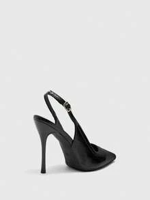 CUCCOO BIZCHIC Zapatos de tacón alto de punta fina con correa de tobillo y hebilla, de piel sintética agrietada, para el trabajo, ir y venir, citas, tacones altos delgados - F54 negro - Ver 6