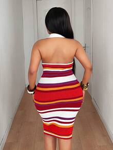 Maweii Plus Size Color Block Striped Print Halter Backless Sweater Dress Party Red Summer Sexy - Multicolor - View 2