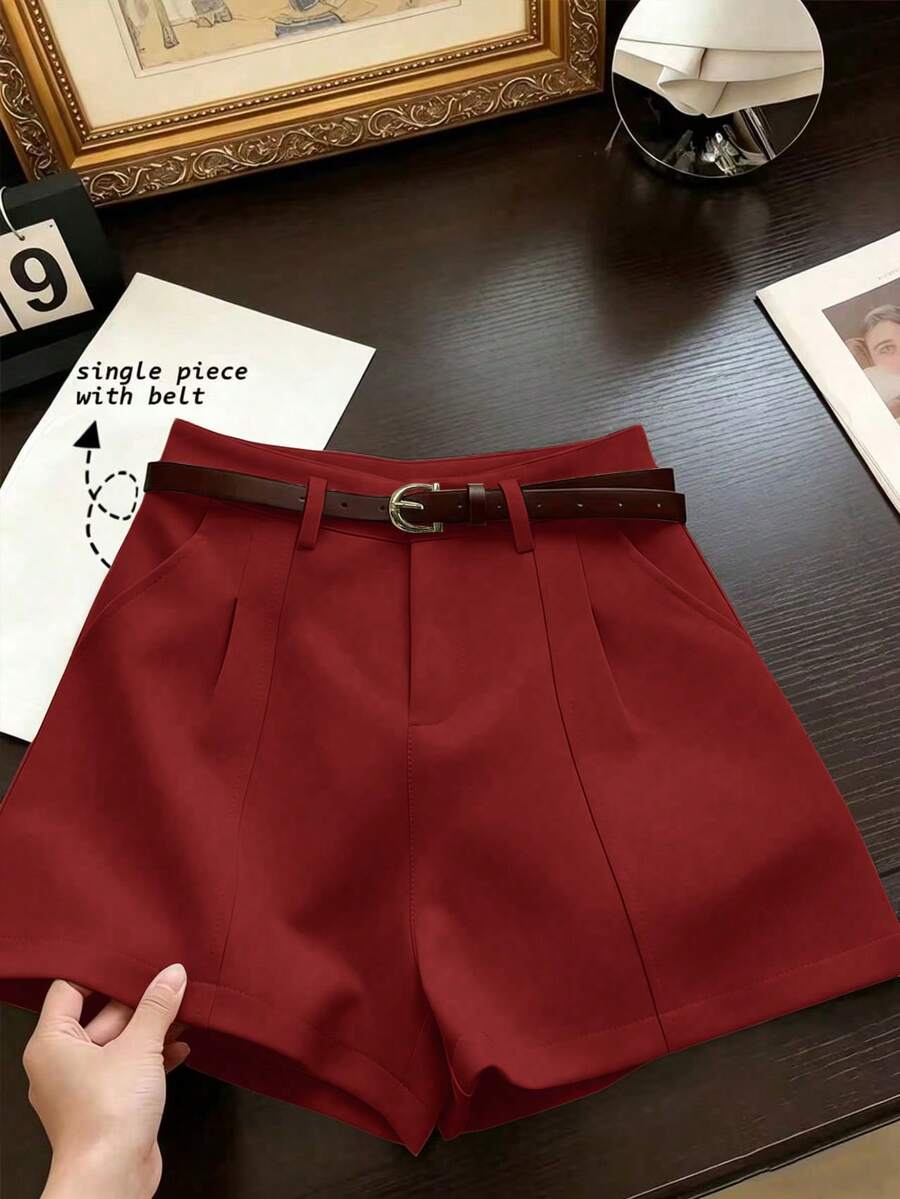 Franclia Quần short nữ ống rộng cạp cao dáng chữ A, màu trơn, phong cách tối giản Pháp, thích hợp mặc đi làm, kiểu dáng thường ngày, retro. - Đỏ - Xem 1