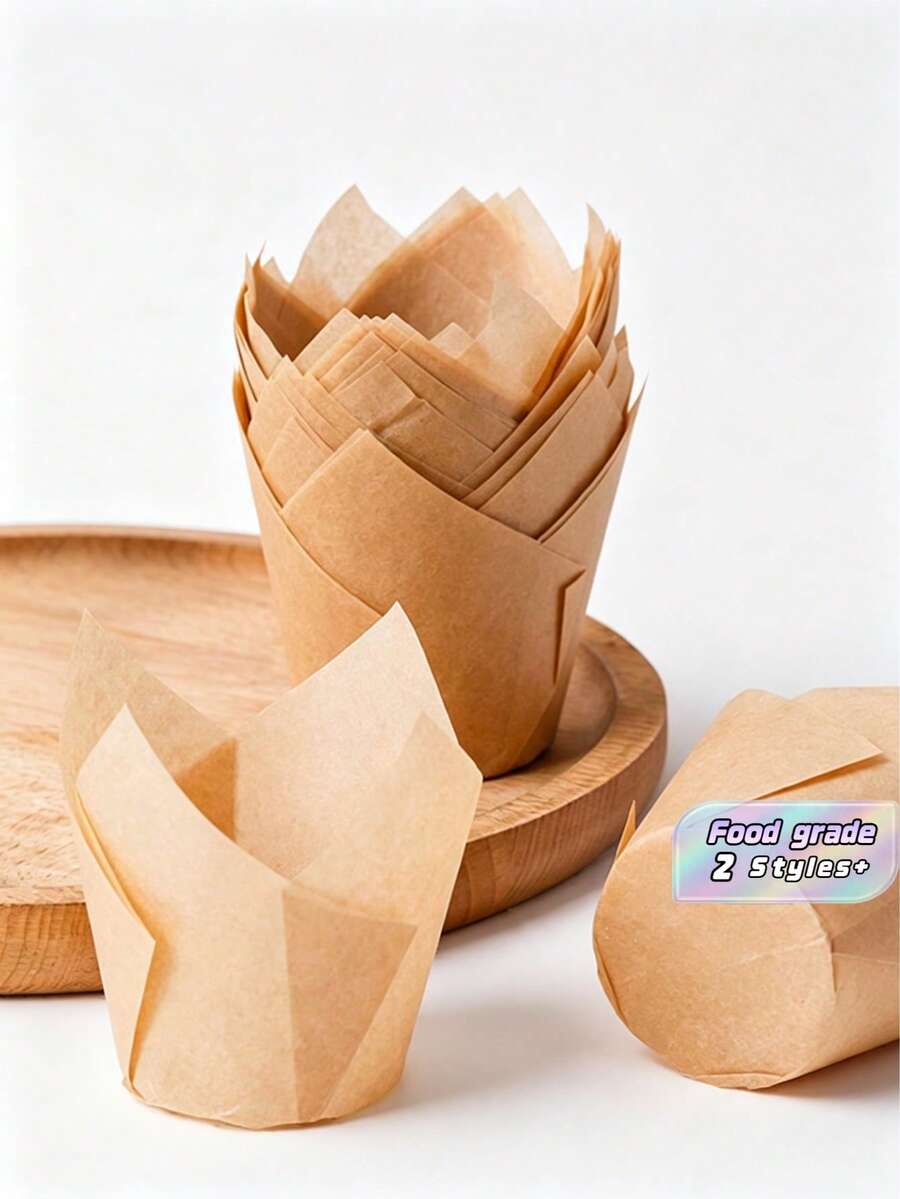 50pcs Tulip Cupcake Liners, Muffin Cups, Flambe Cups Disposable & High Temperature Resistant Baking Cups, Grease-Resistant Paper Tray Back To School - Multicolor - View 1