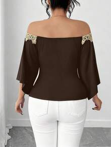 Elenzga Plus Size Women Fashion Versatile 3D Embroidery Decor Off-Shoulder T-Shirt - Brown - View 2