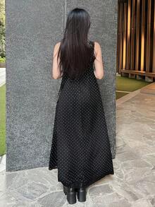 FRIFUL Đầm dài không tay dáng rộng in chấm bi phối ren dành cho nữ - màu đen - Xem 6