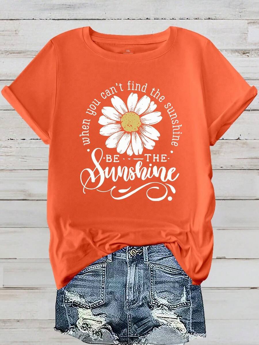 EMERY ROSE Plus Size Women Daisy Print Round Neck Short Sleeve T-Shirt - Orange - View 1