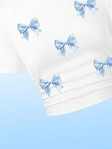 3pcs Tween Girl Sweet Bow Print Fitted Short T-Shirt, Sweet & Style Switchable Pleated Short Sleeve Top Dress Set - White - View 5